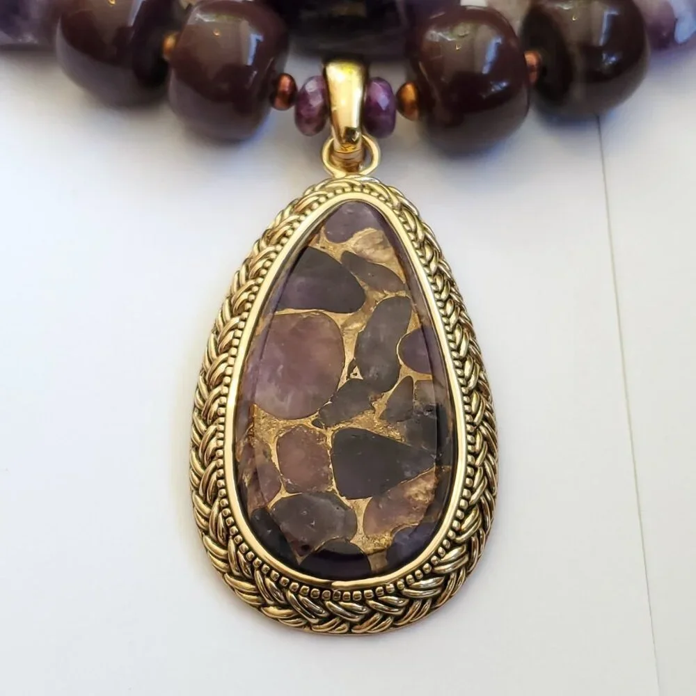 Barse Beaded Pendant Necklace Chunky Layered Purple Stone Gold Tone Statement - Picture 3 of 6